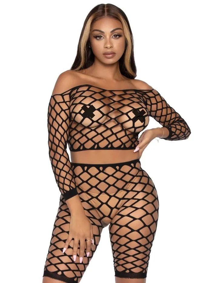 Leg Avenue 2 Pc Net Crop Top and Bike Shorts One Size Black Anal Leg Avenue 2 Pc Net Crop Top and Bike Shorts One Size Black Anal