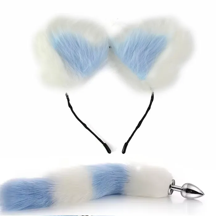 Anal HSYI FAUX WHITE AND BLUE FOX TAIL WITH EARS ANAL PLUG SET